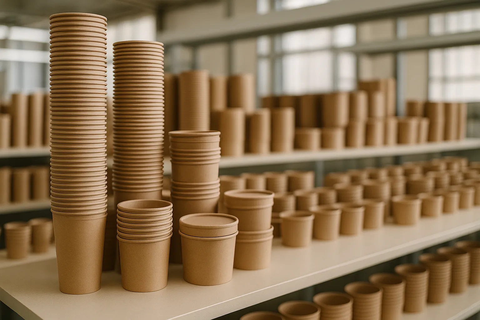 Neatly arranged kraft paper cups and containers at the production facility