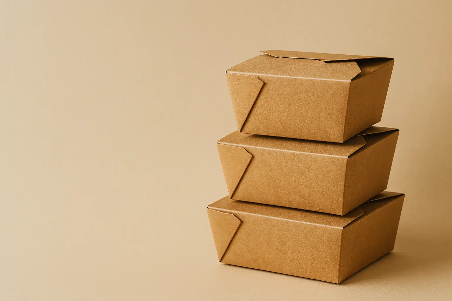 Aydınlık stüdyoda istiflenmiş kraft döner ve paket servis kutuları