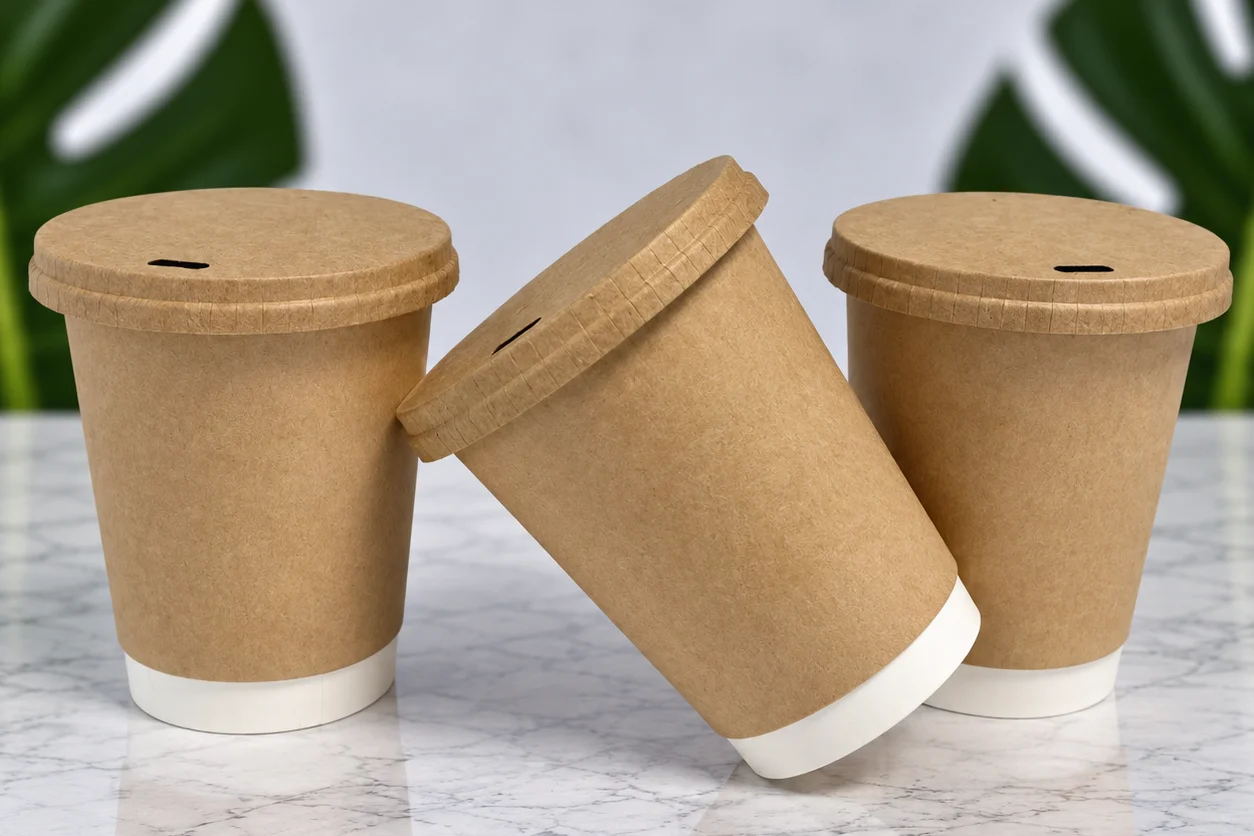 Kraft double wall paper cups with kraft lids on a marble table