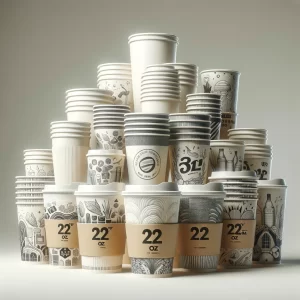 DALL·E 2024 02 05 17.58.39 Create an image of a stack of 22 oz disposable paper cups without any text showcasing their size and potential for customization with a variety of de