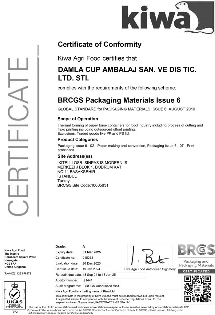 BRCGS Certificate Damla Cup Ambalaj